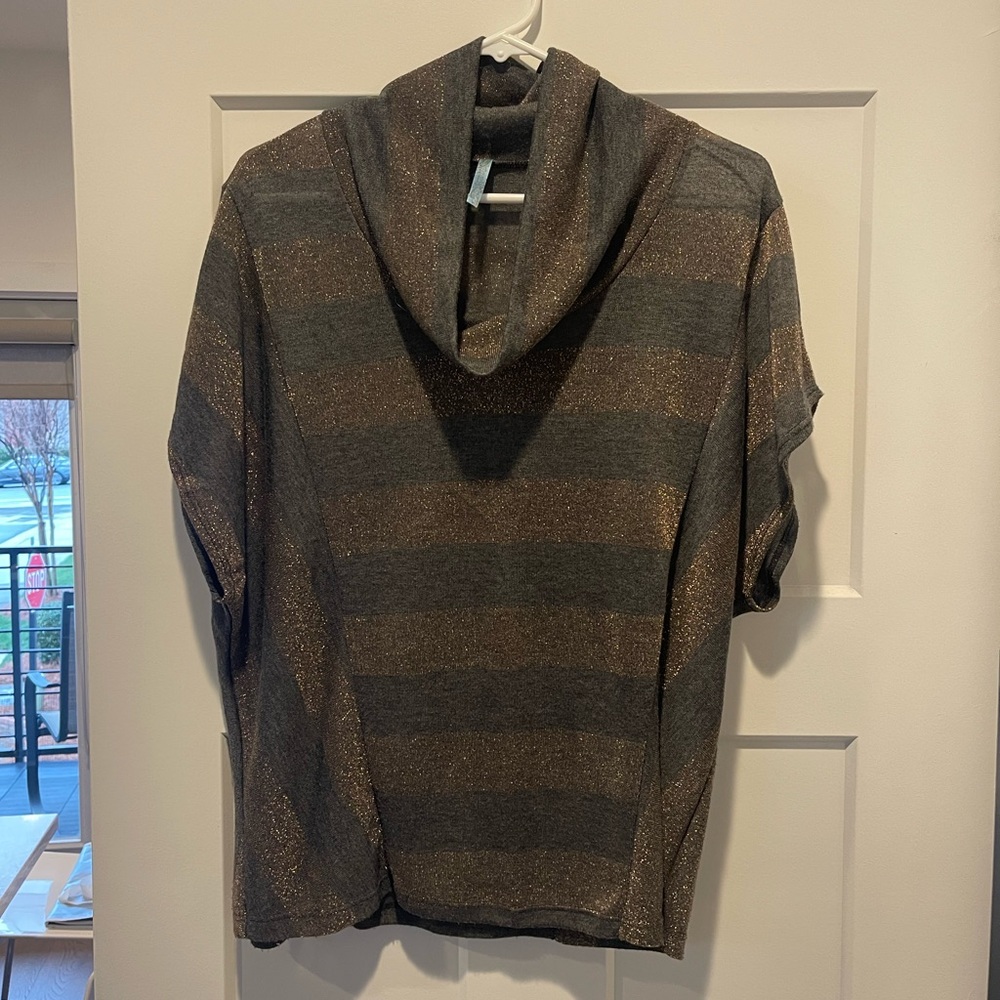 Chic Cowl Neck Sweater in Gray and Shiny Gold Stripes